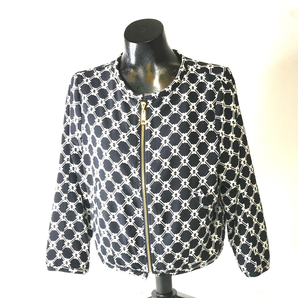 Ellen Tracy Black &White Geometric Lightweight Zip Up Jacket SzSm